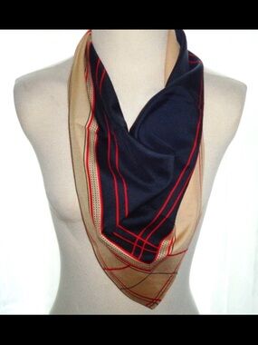 Women's Navy and Tan Plaid Lightweight Scarf with Red Accents